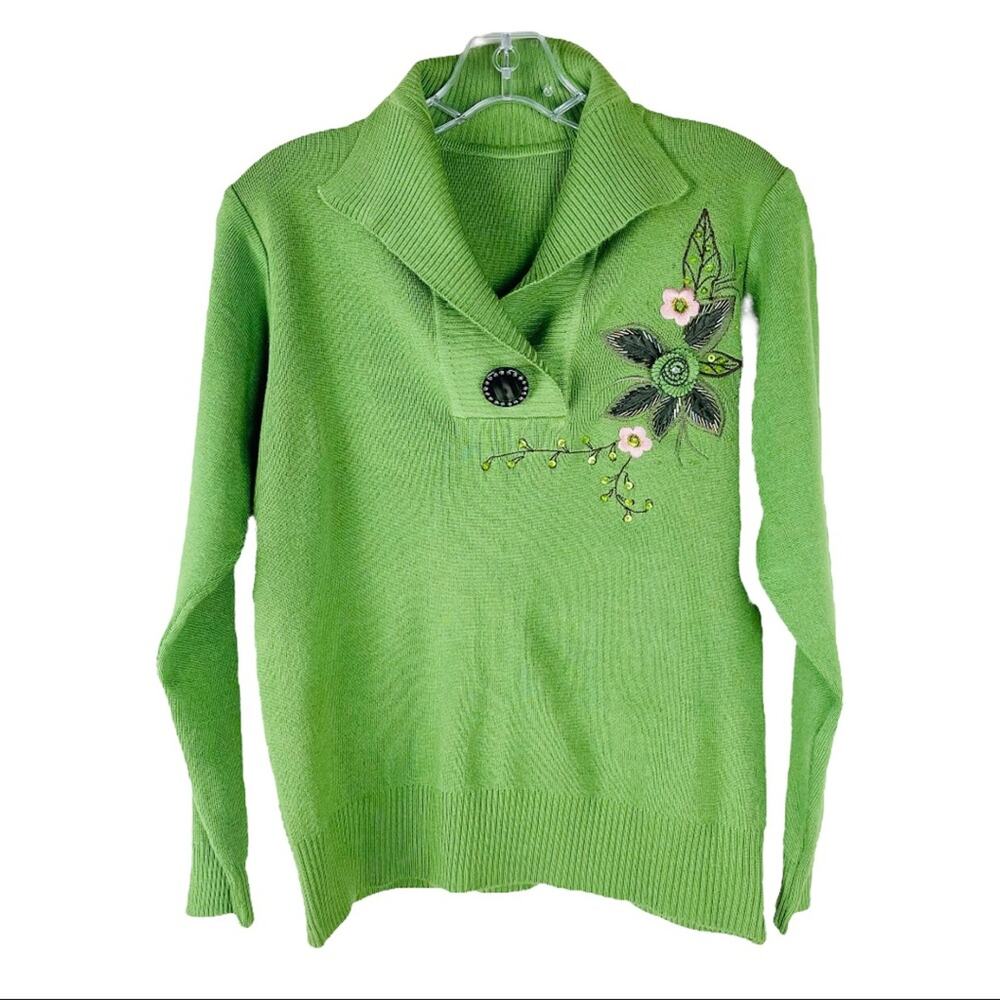 Vintage green floral embroider retro 60s 70s mod rockabilly sweater small medium